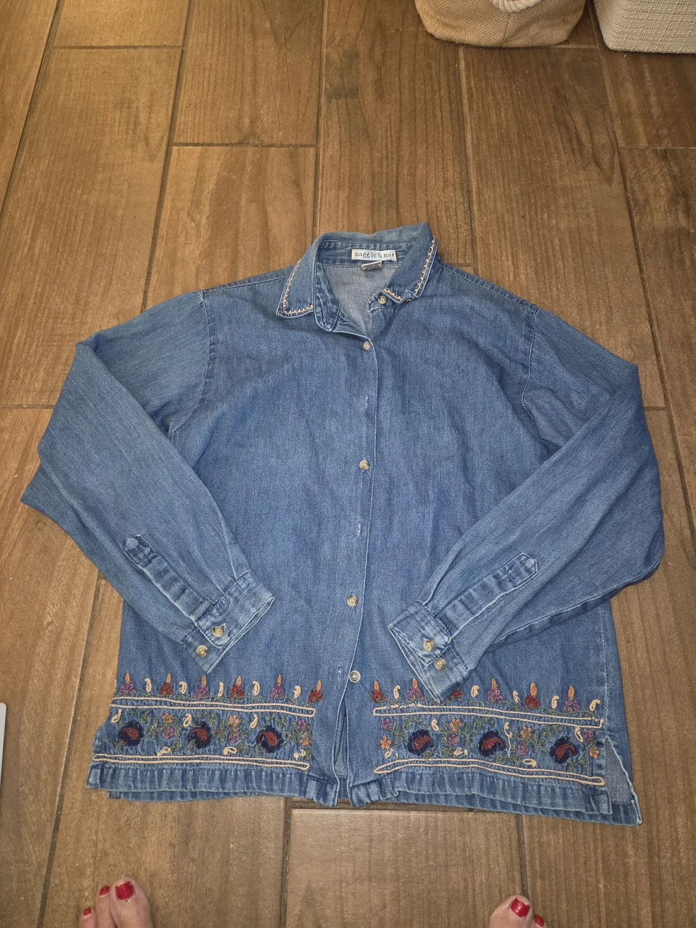 Women's Blue Embroidered Denim Blouse - Maggie & Max